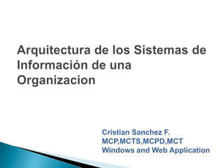 Arquitectura de los Sistemas de Información de una Organizacion Cristian Sanchez F. MCP,MCTS,MCPD,MCT Windows and Web Application 