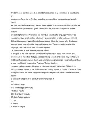 We can hence say that speech is an orderly sequence of specific kinds of sounds and
of
sequences of sounds. In English, sounds are grouped into consonants and vowels
(which
we shall discuss in detail later). Within these sounds, there are certain features that are
common to all speakers of a given speech and are produced in repetition. These
features
are called phonemes. Phonemes are individual sounds of a language that may be
represented by a single written letter or by a combination of letters . (Sesnan, 1997:39)
Different languages have different phonemes and this is the reason why Chintu and
Munzya heard only a ‘jumble’ they could not repeat. The sounds of the unfamiliar
language could not fit into their phonemic system.
Let us now look at how humans produce sound.
In this part of the unit, we want you to think in great detail about how sounds are
produced. It is important that you practice making sounds and it also may be helpful to
find the differences between them. Use a mirror when practising if you are alone or look
at your neighbour if you are in a Teachers’ Group Meeting.
Humans produce meaningful sound to communicate with each other. This is done
through various organs of the body called articulatory organs or organs of speech. Their
main purpose as the name suggests is to produce speech or sound. Where are these
organs
of speech located? Let us carefully examine figure 5.1.
102

NC: Nasal Cavity
TR: Teeth Ridge (alveolum)
HP: Hard Palate
OC: Oral Cavity (mouth)
SP: Soft Palate (velum)
L: Lips
T: Teeth
F: Front of tongue
 