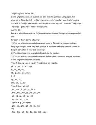 `linger’ /ng/ and `strike’ /str/.
Some English consonant clusters are also found in Zambian Languages. For
example in Cibemba /mf/ - `mfula’ - rain; /nt/ - /nd/ - `ntanda’ - star; /mp/ - `mpuku’
- rodent. In Citonga too, numerous examples abound e.g. /nt/ - `ntaamo’ - step; /mp/ -
`mpongo’ - goat; /nz/ - `nzala’ - hunger; etc.
Activity 5.6
Below is a list of some of the English consonant clusters. Study the list very carefully
and
for each of them, do the following:
1) Find out which consonant clusters are found in Zambian languages, using a
language that you know very well: provide at least one example for each cluster in
English as well as in your own language.
2) Provide at least one example in English for the clusters
3) Find out which consonant clusters are likely to pose problems; suggest solutions.
Some English Consonant Clusters
Type 1: (e.g. sp_, as in `spot’) Type 2: (e.g. spr_: sprite)
pl_, bl_, pr_, br_ spl_, spr_,
tr_, dr_, tw_ str_
kl_, gl_, kw_ skr_, skw_
fl_, fr_
sp_, st_, sk_
sm_, sn_, sl_, sw
Type 3: (e.g. _pt: opt)
_tst, _dzd _ft, _vd, _fp, _fs, vz
_mp, _md, _-mz _pt, _pd, _ps, _pz
_nt, _nd _sp, _st, _sk, _zd
_np, _ns, _nz _zt, zd
Type 4 (e.g. _pts: opts)
_pts, _pst, _phs _lpt, _lkt, _lts, _lks
112

_tps, _dps, _tst, _dst _lbs, _ldz, _ltst, _ldzd
 