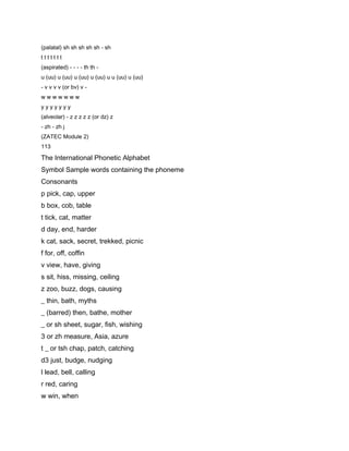 (palatal) sh sh sh sh sh - sh
ttttttt
(aspirated) - - - - th th -
u (uu) u (uu) u (uu) u (uu) u u (uu) u (uu)
- v v v v (or bv) v -
wwwwwww
yyyyyyy
(alveolar) - z z z z z (or dz) z
- zh - zh j
(ZATEC Module 2)
113

The International Phonetic Alphabet
Symbol Sample words containing the phoneme
Consonants
p pick, cap, upper
b box, cob, table
t tick, cat, matter
d day, end, harder
k cat, sack, secret, trekked, picnic
f for, off, coffin
v view, have, giving
s sit, hiss, missing, ceiling
z zoo, buzz, dogs, causing
_ thin, bath, myths
_ (barred) then, bathe, mother
_ or sh sheet, sugar, fish, wishing
3 or zh measure, Asia, azure
t _ or tsh chap, patch, catching
d3 just, budge, nudging
l lead, bell, calling
r red, caring
w win, when
 