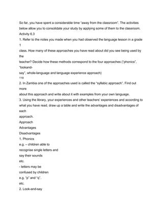 So far, you have spent a considerable time “away from the classroom”. The activities
below allow you to consolidate your study by applying some of them to the classroom.
Activity 6.3
1. Refer to the notes you made when you had observed the language lesson in a grade
1
class. How many of these approaches you have read about did you see being used by
the
teacher? Decide how these methods correspond to the four approaches (“phonics”,
“lookand-
say”, whole-language and language experience approach)
118

2. In Zambia one of the approaches used is called the “syllabic approach”. Find out
more
about this approach and write about it with examples from your own language.
3. Using the library, your experiences and other teachers’ experiences and according to
what you have read, draw up a table and write the advantages and disadvantages of
each
approach.
Approach
Advantages
Disadvantages
1. Phonics
e.g. – children able to
recognise single letters and
say their sounds
etc.
- letters may be
confused by children
e.g. “p” and “q”.
etc.
2. Look-and-say
 