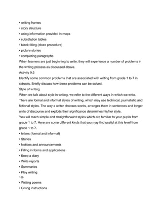 • writing frames
• story structure
• using information provided in maps
• substitution tables
• blank filling (cloze procedure)
• picture stories
• completing paragraphs
When learners are just beginning to write, they will experience a number of problems in
the writing process as discussed above.
Activity 9.5
Identify some common problems that are associated with writing from grade 1 to 7 in
schools. Briefly discuss how these problems can be solved.
Style of writing
When we talk about style in writing, we refer to the different ways in which we write.
There are formal and informal styles of writing, which may use technical, journalistic and
fictional styles. The way a writer chooses words, arranges them in sentences and longer
units of discourse and exploits their significance determines his/her style.
You will teach simple and straightforward styles which are familiar to your pupils from
grade 1 to 7. Here are some different kinds that you may find useful at this level from
grade 1 to 7.
• letters (formal and informal)
• Stories
• Notices and announcements
• Filling in forms and applications
• Keep a diary
• Write reports
• Summaries
• Play writing
156

• Writing poems
• Giving instructions
 