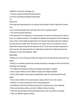 needed to convey the message; e.g.
1. the boy is playing football (simple present)
2. the boy was playing football (simple past)
160

Activity 9.8
Is the approach appropriate for our primary school pupils? Does it help them to learn
how
to use correct language forms and also know how to organise ideas?
• The Communicative Approach
In this approach, the emphasis is on the purpose of a piece of writing and the need to
focus on a specific audience. The difference between this approach and the traditional
ones is that, in the traditional approaches, the teacher has always been the audience
for every piece of written work. But there is no reason why we, as teachers, cannot
extend this audience beyond the classroom door. So the communicative approach is
said to be the only approach that can really help to extend the audience beyond the
classroom environment (Raimes, 1983)
Summary
• Writing is an act of forming symbols that relate to the sounds that we make when we
speak.
• Writing is a complex process that includes encoding a message of some sort that are
translated into language.
• The differences between writing and speaking.(see table on page3)
• How to teach children to form different shapes and heights of letters
• How to help children write using an appropriate script as recommended for each
grade.
• How to show children the correct posture using charts of 'Leo' and 'Jumbo'.
• Dictation is a major component of the writing programme
• Controlled and personal writing give learners an opportunity to write creatively
• When we talk about writing, we refer to different kinds of writing
• There are several types of writing activities that we can use within our classes
• There are different types of writing
 