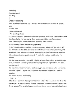Instructing,
Apologising and
Teaching.
17

Effective speaking
What do we mean when we say, “Jane is a good speaker”? As you may be aware, a
good
speaker uses: -
• Appropriate words
• Appropriate gestures
• Good pronunciation, stress and rhythm and pauses in order to get a feedback or check
the effect of what they are saying. Good speakers avoid the use of unnecessary
fillers. They vary the pitch of their voices according to the situation.
What is the purpose for teaching speaking?
One of the main goals in teaching the productive skill of speaking is oral fluency. We
can define this as the ability to express oneself intelligibly, reasonably accurately and
without too much hesitation (otherwise communication may break down because the
listener loses interest or gets impatient). To attain this goal, we need to bring the
learners
from the stage where they are mainly imitating a model of some kind, or responding to
cues, to the point where they can use the language freely to express their own ideas.
Byrne (1992:9)
We know that oral communication is a two-way process between speaker and listener.
Study the Figure 2.3 (Byrne: 1992:10) below and see what happens in a speech
situation
and what is involved in oral ability.
Figure 2.3
What do you learn from the diagram? You have noticed that one person may do all the
speaking e.g. in a lecture. In this situation the speaker initiates and simply keeps up the
flow of speech. This can also happen sometimes when a person is giving instructions or
 