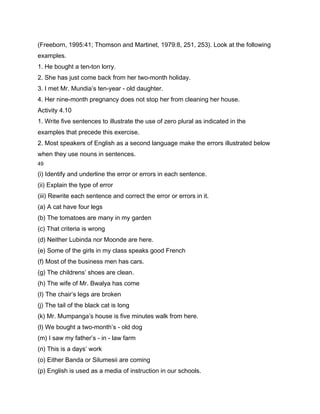 (Freeborn, 1995:41; Thomson and Martinet, 1979:8, 251, 253). Look at the following
examples.
1. He bought a ten-ton lorry.
2. She has just come back from her two-month holiday.
3. I met Mr. Mundia’s ten-year - old daughter.
4. Her nine-month pregnancy does not stop her from cleaning her house.
Activity 4.10
1. Write five sentences to illustrate the use of zero plural as indicated in the
examples that precede this exercise.
2. Most speakers of English as a second language make the errors illustrated below
when they use nouns in sentences.
49

(i) Identify and underline the error or errors in each sentence.
(ii) Explain the type of error
(iii) Rewrite each sentence and correct the error or errors in it.
(a) A cat have four legs
(b) The tomatoes are many in my garden
(c) That criteria is wrong
(d) Neither Lubinda nor Moonde are here.
(e) Some of the girls in my class speaks good French
(f) Most of the business men has cars.
(g) The childrens’ shoes are clean.
(h) The wife of Mr. Bwalya has come
(I) The chair’s legs are broken
(j) The tail of the black cat is long
(k) Mr. Mumpanga’s house is five minutes walk from here.
(l) We bought a two-month’s - old dog
(m) I saw my father’s - in - law farm
(n) This is a days’ work
(o) Either Banda or Silumesii are coming
(p) English is used as a media of instruction in our schools.
 