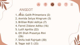 ANGGOT
A :
1. Akas Galih Primantara (2)
2. Annida Setya Ningrum (3)
3. Brillian Rizki Aditya (7)
4. Farrel Zidane Adika (16)
5. Lutfi Aprilia (22)
6. Ofi Diah Prasetyo Rini
(26)
7. Shifa Indi Fajriyah (30)
8. Tegar Adi S (33)
 
