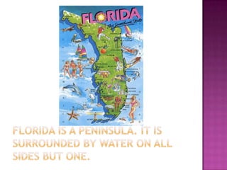 Florida is a peninsula. It is surrounded by water on all sides but one. 