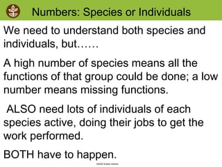 ©2008 Rodale institute
Numbers: Species or Individuals
We need to understand both species and
individuals, but……
A high number of species means all the
functions of that group could be done; a low
number means missing functions.
ALSO need lots of individuals of each
species active, doing their jobs to get the
work performed.
BOTH have to happen.
 