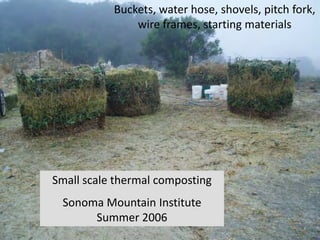 ©2008 Rodale institute
Small scale thermal composting
Sonoma Mountain Institute
Summer 2006
Buckets, water hose, shovels, pitch fork,
wire frames, starting materials
 