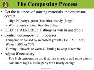 ©2008 Rodale institute
The Composting Process
• Get the balances of starting materials and organisms
correct
– High N (party), green (bacteria), woody (fungal)
– Worms: only enough food for 3 days
• KEEP IT AEROBIC: Pathogens win in anaerobic
• Control decomposition processes
Temperature caused by microbial growth (131, 150, 165F)
Water – 50% or 70%
Turning – shovels or worms? Timing to keep it aerobic
• Adjust if necessary
– Too high temperature too fast, turn more, or add more woody
– Add more high N is the party isn’t hearty enough
 