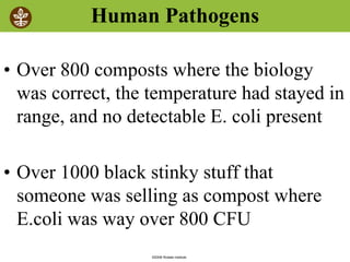 ©2008 Rodale institute
Human Pathogens
• Over 800 composts where the biology
was correct, the temperature had stayed in
range, and no detectable E. coli present
• Over 1000 black stinky stuff that
someone was selling as compost where
E.coli was way over 800 CFU
 