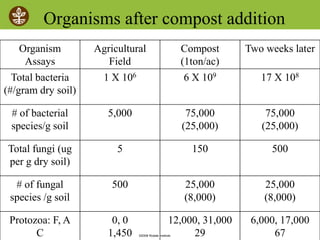 ©2008 Rodale institute
Organisms after compost addition
Organism
Assays
Agricultural
Field
Compost
(1ton/ac)
Two weeks later
Total bacteria
(#/gram dry soil)
1 X 106 6 X 109 17 X 108
# of bacterial
species/g soil
5,000 75,000
(25,000)
75,000
(25,000)
Total fungi (ug
per g dry soil)
5 150 500
# of fungal
species /g soil
500 25,000
(8,000)
25,000
(8,000)
Protozoa: F, A
C
0, 0
1,450
12,000, 31,000
29
6,000, 17,000
67
 