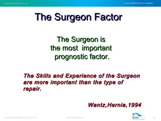 Inguinal Hernia Open Vs. Lap © 2012 NOVA SPECIALTY SURGERY
drmgbhat@gmail.com 23Herniacon Ahmedabad 12-15 Sept, 2013
The Surgeon FactorThe Surgeon Factor
The Surgeon isThe Surgeon is
the most importantthe most important
prognostic factor.prognostic factor.
The Skills and Experience of the SurgeonThe Skills and Experience of the Surgeon
are more important than the type ofare more important than the type of
repair.repair.
Wantz,Hernia,1994Wantz,Hernia,1994
 