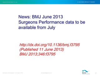 Inguinal Hernia Open Vs. Lap © 2012 NOVA SPECIALTY SURGERY
drmgbhat@gmail.com 27Herniacon Ahmedabad 12-15 Sept, 2013
http://dx.doi.org/10.1136/bmj.f3795
(Published 11 June 2013)
BMJ 2013;346:f3795
News: BMJ June 2013
Surgeons Performance data to be
available from July
 