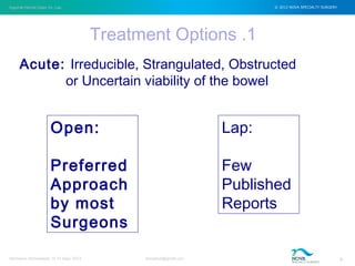 Inguinal Hernia Open Vs. Lap © 2012 NOVA SPECIALTY SURGERY
drmgbhat@gmail.com 4Herniacon Ahmedabad 12-15 Sept, 2013
Treatment Options .1
Acute: Irreducible, Strangulated, Obstructed
or Uncertain viability of the bowel
Open:
Preferred
Approach
by most
Surgeons
Lap:
Few
Published
Reports
 