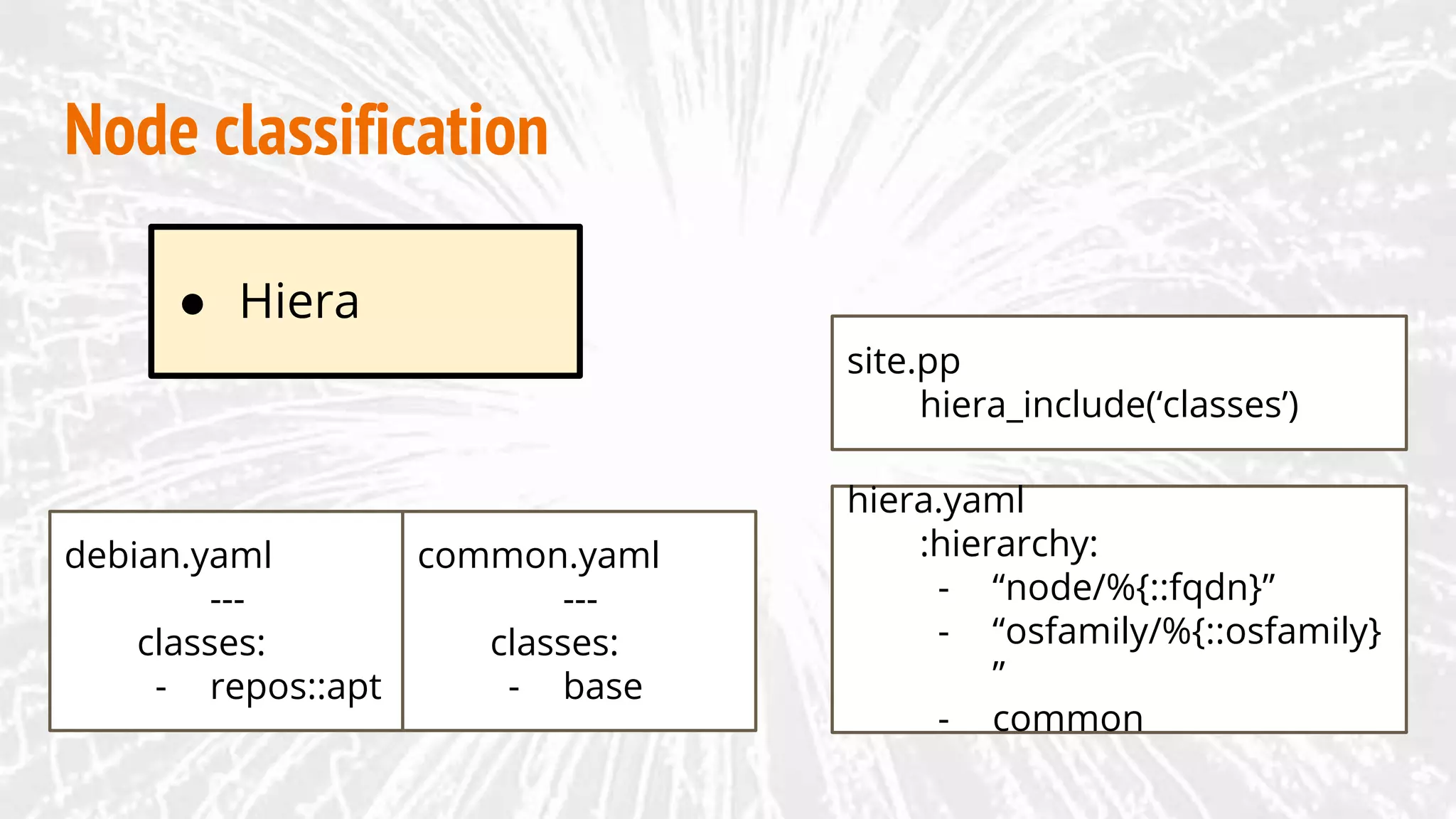 ● Hiera
Node classification
site.pp
hiera_include(‘classes’)
hiera.yaml
:hierarchy:
- “node/%{::fqdn}”
- “osfamily/%{::osfamily}
”
- common
debian.yaml
---
classes:
- repos::apt
common.yaml
---
classes:
- base
 