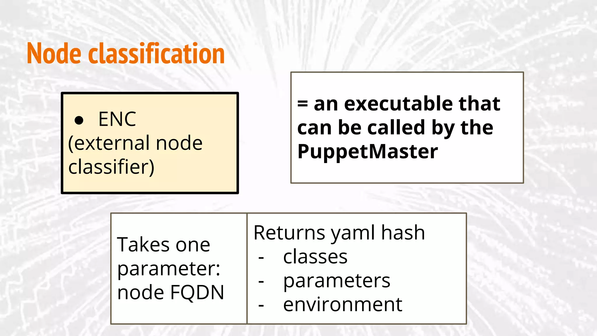 ● ENC
(external node
classifier)
Node classification
= an executable that
can be called by the
PuppetMaster
Returns yaml hash
- classes
- parameters
- environment
Takes one
parameter:
node FQDN
 