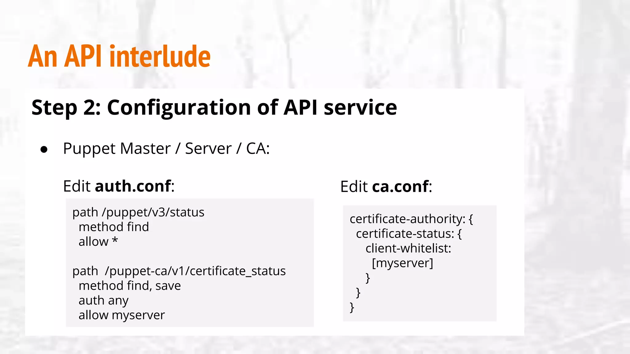 An API interlude
Step 2: Configuration of API service
● Puppet Master / Server / CA:
Edit auth.conf:
path /puppet/v3/status
method find
allow *
path /puppet-ca/v1/certificate_status
method find, save
auth any
allow myserver
Edit ca.conf:
certificate-authority: {
certificate-status: {
client-whitelist:
[myserver]
}
}
}
 