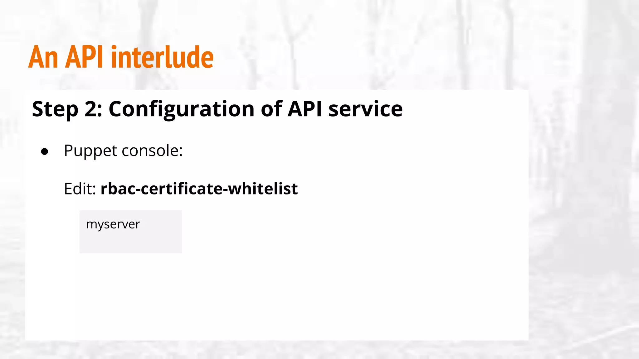 An API interlude
Step 2: Configuration of API service
● Puppet console:
Edit: rbac-certificate-whitelist
myserver
 