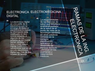 ELECTRONICA
DIGITAL
 La electrónica digital
es una parte de la
electrónica que se
encarga de sistema
electrónicos lo cuales
la información esta
codificada en dos
únicos estados. A
algunos de los
estados se les puede
llamar verdadero o
falso o mas común
mente 1 y 0
refiriéndose que en un
circuito electrónico
digital hay mas de dos
niveles de tensión
ELECTROMEDICINA
 La espacialidades
de las ciencias de
salud que estudia y
analiza el cuidado
de la salud de el
punto de vista de la
tecnología sanitaria,
en otras palabras
consiste en la
correcta
planificación
aplicación y
desarrollo de
equipos técnicas
utilizadas en los
exámenes y
tratamientos
médicos.
 
