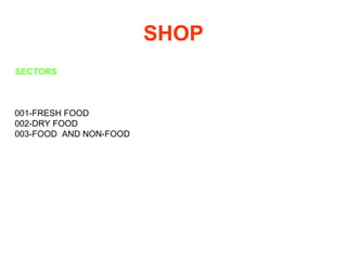 SHOP
SECTORS
001-FRESH FOOD
002-DRY FOOD
003-FOOD AND NON-FOOD
 