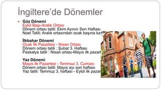 İngiltere’de Dönemler
 Güz Dönemi
Eylül Başı-Aralık Ortası
Dönem ortası tatili: Ekim Ayının Son Haftası
Noel Tatili: Aralık ortasından ocak başına kadar
İlkbahar Dönemi
Ocak İlk Pazartesi - Nisan Ortası
Dönem ortası tatili : Şubat 3. Haftası
Paskalya tatili : Nisan ortası-Mayıs ilk pazartesi
Yaz Dönemi
Mayıs ilk Pazartesi - Temmuz 3. Cuması
Dönem ortası tatili: Mayıs ayı son haftası
Yaz tatili: Temmuz 3. haftası - Eylül ilk pazartesi
 