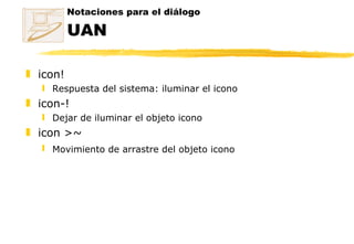 icon! Respuesta del sistema: iluminar el icono  icon-! Dejar de iluminar el objeto icono  icon >~ Movimiento de arrastre del objeto icono   Notaciones para el diálogo  UAN 