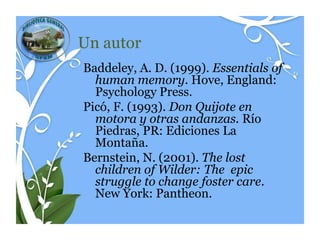 Un autor
Baddeley, A. D. (1999). Essentials of
  human memory. Hove, England:
  Psychology Press.
Picó, F. (1993). Don Quijote en
  motora y otras andanzas. Río
  Piedras, PR: Ediciones La
  Montaña.
Bernstein, N. (2001). The lost
  children of Wilder: The epic
  struggle to change foster care.
  New York: Pantheon.
 