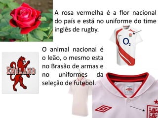 A rosa vermelha é a flor nacional
    do país e está no uniforme do time
    inglês de rugby.

O animal nacional é
o leão, o mesmo esta
no Brasão de armas e
no uniformes da
seleção de futebol.
 
