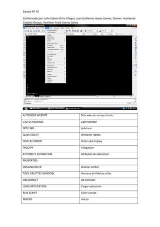 Equipo Nº 10

Conformado por: John Edison Ortiz Villegas, Juan Guillermo Hoyos Gomez, Diomer Humberto
Castaño Orozco, Hamilton Yesid Gomez Galviz




AUTODESK WEBSITE                            Sitio web de autoescritorio

CAD STANDARDS                               Cad estandar

SPELLING                                    deletrear

Quick SELECT                                Seleccion rapida

DISPLAY ORDER                               Orden del display

INQUIRY                                     indagacion

ATTRIBUTE EXTRACTION                        Atributos de extraccion

PROPERTIES

DESIGNCENTER                                Diseñar Centro

TOOL PALETTES WINDOW                        Ventana de Paletas utiles

DBCONNECT                                   Db conectar

LOAD APPLICATION                            Cargar aplicacion

RUN SCRIPT                                  Corer escript

MACRO                                       macro
 