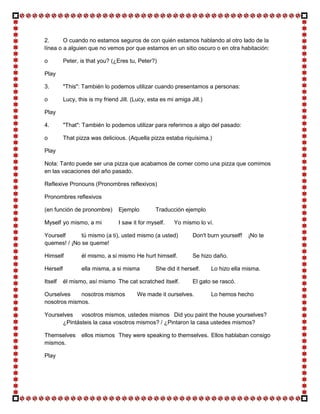 2.      O cuando no estamos seguros de con quién estamos hablando al otro lado de la
línea o a alguien que no vemos por que estamos en un sitio oscuro o en otra habitación:

o         Peter, is that you? (¿Eres tu, Peter?)

Play

3.        "This": También lo podemos utilizar cuando presentamos a personas:

o         Lucy, this is my friend Jill. (Lucy, esta es mi amiga Jill.)

Play

4.        "That": También lo podemos utilizar para referirnos a algo del pasado:

o         That pizza was delicious. (Aquella pizza estaba riquísima.)

Play

Nota: Tanto puede ser una pizza que acabamos de comer como una pizza que comimos
en las vacaciones del año pasado.

Reflexive Pronouns (Pronombres reflexivos)

Pronombres reflexivos

(en función de pronombre)        Ejemplo         Traducción ejemplo

Myself yo mismo, a mi            I saw it for myself.    Yo mismo lo ví.

Yourself      tú mismo (a ti), usted mismo (a usted)             Don't burn yourself!   ¡No te
quemes! / ¡No se queme!

Himself          él mismo, a si mismo He hurt himself.           Se hizo daño.

Herself          ella misma, a si misma          She did it herself.     Lo hizo ella misma.

Itself    él mismo, así mismo The cat scratched itself.          El gato se rascó.

Ourselves    nosotros mismos             We made it ourselves.           Lo hemos hecho
nosotros mismos.

Yourselves vosotros mismos, ustedes mismos Did you paint the house yourselves?
      ¿Pintásteis la casa vosotros mismos? / ¿Pintaron la casa ustedes mismos?

Themselves       ellos mismos They were speaking to themselves. Ellos hablaban consigo
mismos.

Play
 