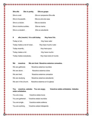 She ella         She is pretty.       Ella es guapa

She is rural.                      Ella es campesina She ella

She is housewife .                 Ella es ama de casa

She is a doctor.                  Ella es doctora

She is he/she suckles .            Ella es mama

She is a student .                 Ella es estudiante



It     ello (neutro) It is cold today.          Hoy hace frío.

Today is hot .                             Hoy hace calor

Today makes a lot of noise .            Hoy hace mucho ruido

Today recently .                          Hoy hace poco

Today makes a lot .                       Hoy hace mucho

Today makes everybody .                   Hoy hace todo el mundo



We     nosotros         We are tired. Nosotros estamos cansados.

We are gathered.           Nosotros estamos reunidos

We are alone .              Nosotros estamos solos

We are tired .              Nosotros estamos cansados

We are studying.            Nosotros estamos estudiando

We are in the church.      Nosotros estamos en la iglesia



You vosotros, ustedes             You are angry.         Vosotros estáis enfadados. Ustedes
están enfadados.

You are crazy.           Vosotros estais locos

You are gathered .      Vosotros estais reunidos

You are single .        Vosotros estais solteros

You are working .       Vosotros estais trabajando
 