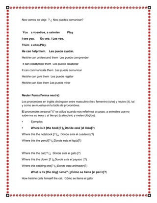 Nos vamos de viaje ? ¿ Nos puedes comunicar?



You    a vosotros, a ustedes        Play

I see you.    Os veo. / Les veo.

Them a ellos Play

He can help them.     Les puede ayudar.

He/she can understand them Les puede comprender

It can collaborate them Les puede colaborar

It can communicate them Les puede comunicar

He/she can give them Les puede regalar

He/she can look them Les puede mirar



Neuter Form (Forma neutra)

Los pronombres en inglés distinguen entre masculino (he), femenino (she) y neutro (it), tal
y como se muestra en la tabla de pronombres.

El pronombre personal "it" se utiliza cuando nos referimos a cosas, a animales que no
sabemos su sexo o al tiempo (calendario y meteorológico).

•      Ejemplos:

•      Where is it [the book]? (¿Dónde está [el libro]?)

Where this the notebook ]? (¿ Donde esta el cuaderno]?)

Where this the pencil]? (¿Donde esta el lapiz]?)



Where this the cat ]? (¿ Donde esta el gato ]?)

Where this the clown ]? (¿Donde esta el payaso ]?)

Where this exciting one]? (¿Donde esta animador]?)

       What is its [the dog] name? (¿Cómo se llama [el perro]?)

How he/she calls himself the cat. Cómo se llama el gato
 