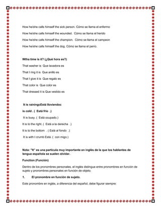 How he/she calls himself the sick person. Cómo se llama el enfermo

How he/she calls himself the wounded. Cómo se llama el herido

How he/she calls himself the champion. Cómo se llama el campeon

How he/she calls himself the dog. Cómo se llama el perro.



Wtha time is it? (¿Qué hora es?)

That washer is Que lavadora es

That I ring it is Que anillo es

That I give it is Que regalo es

That color is Que color es

That dressed it is Que vestido es



It is rainingcEstá lloviendoc

is cold . ( Está frio .)

It is busy. ( Está ocupado.)

It is to the right. ( Está a la derecha .)

It is to the bottom . ( Está al fondo .)

It is with I crumb Está. ( con migo.)



Nota: "It” es una particula muy importante en inglés de la que los hablantes de
lengua española se suelen olvidar.

Function (Función)

Dentro de los pronombres personales, el inglés distingue entre pronombres en función de
sujeto y pronombres personales en función de objeto.

1.     El pronombre en función de sujeto.

Este pronombre en inglés, a diferencia del español, debe figurar siempre:
 