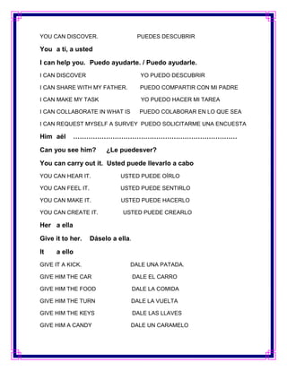 YOU CAN DISCOVER.                    PUEDES DESCUBRIR

You a tí, a usted

I can help you. Puedo ayudarte. / Puedo ayudarle.
I CAN DISCOVER                        YO PUEDO DESCUBRIR

I CAN SHARE WITH MY FATHER.           PUEDO COMPARTIR CON MI PADRE

I CAN MAKE MY TASK                    YO PUEDO HACER MI TAREA

I CAN COLLABORATE IN WHAT IS          PUEDO COLABORAR EN LO QUE SEA

I CAN REQUEST MYSELF A SURVEY PUEDO SOLICITARME UNA ENCUESTA

Him aél      …………………………………………………………………

Can you see him?        ¿Le puedesver?

You can carry out it. Usted puede llevarlo a cabo
YOU CAN HEAR IT.             USTED PUEDE OÍRLO

YOU CAN FEEL IT.             USTED PUEDE SENTIRLO

YOU CAN MAKE IT.             USTED PUEDE HACERLO

YOU CAN CREATE IT.            USTED PUEDE CREARLO

Her a ella

Give it to her.    Dáselo a ella.

It   a ello
GIVE IT A KICK.                 DALE UNA PATADA.

GIVE HIM THE CAR                    DALE EL CARRO

GIVE HIM THE FOOD                   DALE LA COMIDA

GIVE HIM THE TURN               DALE LA VUELTA

GIVE HIM THE KEYS                   DALE LAS LLAVES

GIVE HIM A CANDY                DALE UN CARAMELO
 