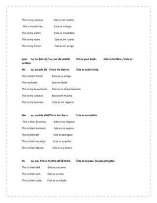 This is my suitcase .            Esta es mi maleta

This is my clothes .             Esta es mi ropa

This is my wallet .              Esta es mi cartera

This is my room .                 Este es mi cuarto

This is my friend .               Este es mi amigo



your tu, tus (de tú) / su, sus (de usted)             this is your book.      éste es tu libro. / éste es
su libro.

His      su, sus (de él) This is his bicycle.         Ésta es su bicicleta.

This is their friend           Esta es su amiga

This my hotel .                Este mi hotel

This is my department .        Este es mi departamento

This is my suitcase.           Esta es mi maleta

This is my business.           Este es mi negocio



Her      su, sus (de ella) This is her dress.         Éste es su vestido.

This is their business .         Este es su negocio

This is their husband .          Este es su esposo

This is their gift .            Este es su regalo

This is their necklace.         Este es su collar

This is their Money .           Este es su dinero



Its      su, sus This is its (the cat's) home.        Ésta es su casa. (la casa del gato)

This is their bed.         Ésta es su cama

This is their seat.        Ésta es su silla

This is their store.      Ésta es su tienda
 