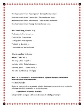 How he/she calls himself the sick person. Cómo se llama el enfermo

How he/she calls himself the wounded. Cómo se llama el herido

How he/she calls himself the champion. Cómo se llama el campeon

How he/she calls himself the dog. Cómo se llama el perro.



Wtha time is it? (¿Qué hora es?)

That washer is Que lavadora es

That I ring it is Que anillo es

That I give it is Que regalo es

That color is Que color es

That dressed it is Que vestido es



It is rainingcEstá lloviendoc

is cold . ( Está frio .)

It is busy. ( Está ocupado.)

It is to the right. ( Está a la derecha .)

It is to the bottom . ( Está al fondo .)

It is with I crumb Está. ( con migo.)



Nota: "It” es una particula muy importante en inglés de la que los hablantes de
lengua española se suelen olvidar.

Function (Función)

Dentro de los pronombres personales, el inglés distingue entre pronombres en función de
sujeto y pronombres personales en función de objeto.

1.     El pronombre en función de sujeto.

Este pronombre en inglés, a diferencia del español, debe figurar siempre:
 