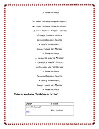 Y un Feliz Año Nuevo



                      No iremos hasta que tengamos alguno;

                      No iremos hasta que tengamos alguno;

                      No iremos hasta que tengamos alguno;

                          ¡Entonces tráigalo aquí fuera!

                          Buenas noticias que traemos

                            A usted y sus familiares;

                          Buenas nuevas para Navidad

                              Y un Feliz Año Nuevo

                        Le deseamos una Feliz Navidad;

                        Le deseamos una Feliz Navidad;

                         Le deseamos una Feliz Navidad

                              Y un Feliz Año Nuevo

                          Buenas noticias que traemos

                            A usted y sus familiares;

                          Buenas nuevas para Navidad

                              Y un Feliz Año Nuevo

Christmas Vocabulary (Vocabulario de Navidad)



            English                        Spanish
            Merry Christmas!
                                           Feliz Navidad!
            Play
 