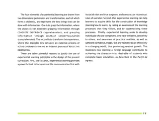 The four elements of experiential learning are drawn from       its social rules and true purposes, and construct or reconstruct
two dimensions: prehension and transformation, each of which       rules of use later. Second, that experiential learning can help
forms a dialectic, and represent the two things that can be        learners to acquire skills for the construction of knowledge
done with information: One is to grasp the information, where      (learning how to learn), by raising an awareness of the learning
the dialectic lies between grasping information through            processes that they follow, and by systematising these
C O N C R E T E E X P E R I E N C E (apprehension), and grasping   processes. Finally, experiential learning seeks to develop
information      through     ABSTRACT     CONCEPTUALISATION        individuals who are competent, who have initiative, sensitivity
(comprehension). The second is to transform the experience,        to others, and awareness of practical realities, as well as
where the dialectic lies between an external process of            sufficient confidence, insight, skill and flexibility to act effectively
ACTIVE EXPERIMENTATION and an internal process of REFLECTIVE       in a changing world, thus promoting personal growth. This
OBSERVATION.                                                       illustrates how learning a foreign language contributes to
   There are other powerful reasons to justify the use of          achieving the characteristics desirable of students who
experiential learning principles in the design of the present      complete basic education, as described in the Perfil de
curriculum. First, the fact that, experiential learning provides   egreso.
a powerful tool to focus on real life communication first with




                                                                                                                                      11
 