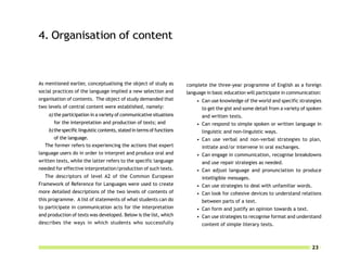 4. Organisation of content



As mentioned earlier, conceptualising the object of study as            complete the three-year programme of English as a foreign
social practices of the language implied a new selection and            language in basic education will participate in communication:
organisation of contents. The object of study demanded that                 • Can use knowledge of the world and specific strategies
two levels of central content were established, namely:                        to get the gist and some detail from a variety of spoken
    a) the participation in a variety of communicative situations              and written texts.
       for the interpretation and production of texts; and                  • Can respond to simple spoken or written language in
    b) the specific linguistic contents, stated in terms of functions          linguistic and non-linguistic ways.
     of the language.                                                       • Can use verbal and non-verbal strategies to plan,
  The former refers to experiencing the actions that expert                    initiate and/or intervene in oral exchanges.
language users do in order to interpret and produce oral and                • Can engage in communication, recognise breakdowns
written texts, while the latter refers to the specific language                and use repair strategies as needed.
needed for effective interpretation/production of such texts.               • Can adjust language and pronunciation to produce
  The descriptors of level A2 of the Common European                           intelligible messages.
Framework of Reference for Languages were used to create                    • Can use strategies to deal with unfamiliar words.
more detailed descriptions of the two levels of contents of                 • Can look for cohesive devices to understand relations
this programme. A list of statements of what students can do                   between parts of a text.
to participate in communication acts for the interpretation                 • Can form and justify an opinion towards a text.
and production of texts was developed. Below is the list, which             • Can use strategies to recognise format and understand
describes the ways in which students who successfully                          content of simple literary texts.



                                                                                                                                  23
 
