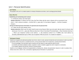 Unit 1: Personal Identification
 UNIT PURPOSE
 The purpose of this unit is to enable students to introduce themselves and others, and to exchange personal details.


 SOCIAL PRACTICES
 Establishing and maintaining social contacts
   1.1. INTRODUCING ONESELF AND OTHER PEOPLE
   Sample productions: I’m Daniel; He/This is Tony; She/That is Paula; My/Her name is Johanna; He’s an accountant/a taxi
   driver/…; She’s a doctor/an athlete/…; He/She’s 20/13… (years old); I’m from Mexico/ England/...; He/She is Canadian/
   Chinese/…
 Giving and obtaining factual information of a personal and non-personal kind
   1.2. ASKING FOR AND GIVING PERSONAL DETAILS
   Sample productions: What’s your/his name?; (My/His name is) Ana/Samuel; What’s your last name?; (My last name/It is) García; How
      old are you?; (I’m) 12/14/… (years old): Where are they from?; (They’re from) Brazil/The United States/…;They’re Brazilian/American/
      …; What’s your telephone number/e-mail address/ …?; (My telephone number/It is) 11128904; (My e-mail address is)
      secondary_kid@redescolar.org.mx; What’s your occupation?; What do you do?; I’m a student/an engineer/...


 PERFORMANCE EVIDENCE
 Students can recognize and understand quotidian texts (forms, letters/e-mails, personal introductions and conversations) in order to use them
 purposefully (follow instructions to complete the forms, extract personal details from introductions, provide personal details).
    • Can use knowledge of the world about specific situations and clues (layout) to make predictions about the texts.
    • Can identify some details (telephone number, occupation) in order to complete a gapped text and/or respond to a conversation.
    • Can recognize cognates with particular reference to personal details.
 Students can use language creatively and appropriately by choosing lexis, phrases and grammatical resources in order to produce short,
 relevant texts (form, letter/e-mail, conversation) regarding factual information of a personal kind.




                                                                                                                                           41
 