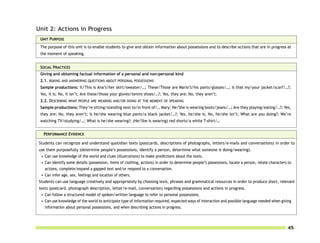 Unit 2: Actions in Progress
 UNIT PURPOSE
 The purpose of this unit is to enable students to give and obtain information about possessions and to describe actions that are in progress at
 the moment of speaking.


 SOCIAL PRACTICES
 Giving and obtaining factual information of a personal and non-personal kind
 2.1. ASKING AND ANSWERING QUESTIONS ABOUT PERSONAL POSSESSIONS
 Sample productions: It/This is Ana’s/her skirt/sweater/…; These/Those are Mario’s/his pants/glasses/…; Is that my/your jacket/scarf/…?;
 Yes, it is; No, it isn’t; Are these/those your gloves/tennis shoes/…?; Yes, they are; No, they aren’t.
 2.2. DESCRIBING WHAT PEOPLE ARE WEARING AND/OR DOING AT THE MOMENT OF SPEAKING
 Sample productions: They’re sitting/standing next to/in front of/… Mary; He/She is wearing boots/jeans/…; Are they playing/eating/…?; Yes,
 they are; No, they aren’t; Is he/she wearing blue pants/a black jacket/…?; Yes, he/she is; No, he/she isn’t; What are you doing?; We’re
 watching TV/studying/…; What is he/she wearing?; (He/She is wearing) red shorts/a white T-shirt/…


  PERFORMANCE EVIDENCE

Students can recognize and understand quotidian texts (postcards, descriptions of photographs, letters/e-mails and conversations) in order to
use them purposefully (determine people’s possessions, identify a person, determine what someone is doing/wearing).
 • Can use knowledge of the world and clues (illustrations) to make predictions about the texts.
 • Can identify some details (possession, items of clothing, actions) in order to determine people’s possessions, locate a person, relate characters to
   actions, complete/expand a gapped text and/or respond to a conversation.
 • Can infer age, sex, feelings and location of others.
Students can use language creatively and appropriately by choosing lexis, phrases and grammatical resources in order to produce short, relevant
texts (postcard, photograph description, letter/e-mail, conversation) regarding possessions and actions in progress.
 • Can follow a structured model of spoken/written language to refer to personal possessions.
 • Can use knowledge of the world to anticipate type of information required, expected ways of interaction and possible language needed when giving
   information about personal possessions, and when describing actions in progress.



                                                                                                                                                    45
 