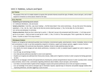 Unit 3: Hobbies, Leisure and Sport
UNIT PURPOSE
   The purpose of this unit is to enable students to express their personal interests around the topic of hobbies, leisure and sport, and to make/
   respond to invitations to events/places related to the topic.

 SOCIAL PRACTICES
  Establishing and maintaining social contacts
  3.1. EXPRESSING PREFERENCES, LIKES AND DISLIKES
  Sample productions: I love/like… pop music/reading/…; He/She hates/doesn’t like comics/swimming/…; Do you like action films/playing
  basketball/…?; Yes, I do; No, I don’t; Does he/she like love stories/collecting stamps/…?; Yes, he/she does; No, he/she doesn’t.
  3.2. INVITING AND RESPONDING TO INVITATIONS
  Sample productions: Would you like to dance/go to a party/…?; Why don’t we go to the amusement park/the movies/ …?; Let’s play soccer/
  go for an ice-cream/…; Shall we listen to music/go for a walk/…?; (Yes,) I’d love to; That sounds great; That’s a good idea; No, thank you/
  thanks. I’d prefer to watch TV/to stay at home/…

 PERFORMANCE EVIDENCE
 Students can recognize and understand quotidian texts (invitations, entertainment guides, advertisements, notices, timetables, letters/e-mails
 and conversations) in order to use them purposefully (respond to invitations, support and compare opinions, suggest a course of action).
  • Can use knowledge of the world and clues (illustrations, headlines, format) to make predictions about the texts.
  • Can identify the overall message and some details (preferences, invitations) in order to complete/expand a gapped text and/or respond to a
    conversation.
  • Can infer age, sex and feelings of others.
  • Can relate personal preferences described in a text to own experience.
  • Students can recognize and understand short literary texts (rhymes, riddles and/or fragments of stories) in order to express the feelings generated
    by them.
 Students can use language creatively and appropriately by choosing lexis, phrases and grammatical resources in order to produce short, relevant
 texts (invitation, letter/e-mail, conversation) regarding preferences about hobbies, leisure and sport, and invitations.
  • Can follow a structured model of spoken/written language to express some personal preferences and to invite and respond to invitations.
  • Can use knowledge of the world to anticipate type of information required, expected ways of interaction and possible language needed when
    expressing preferences, and when suggesting a course of action.

                                                                                                                                                  49
 