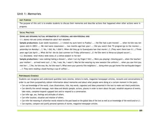 Unit 1: Memories

 UNIT PURPOSE
 The purpose of this unit is to enable students to discuss their memories and describe actions that happened when other actions were in
 progress.

 SOCIAL PRACTICES
 GIVING AND OBTAINING FACTUAL INFORMATION OF A PERSONAL AND NON-PERSONAL KIND
 1.1. ASKING FOR AND GIVING INFORMATION ABOUT PAST MEMORIES
 Sample productions: (Last week/vacations/...) I visited my aunt/went to Puebla/... ; He/She had a pet/moved/ ... when he/she was ten
 (years old)/in 2003/...; We met/were classmates/... two months ago/last year/...; Did you watch that TV program/go to the movies/...
 yesterday/on Monday/...?; Yes, I did; No, I didn’t; When did they go to Guanajuato/see that movie/…?; (They went there/saw it/…) Three
 years ago/Last April/…; What did he/ she do (last summer/on Friday (afternoon)/…)?; He/She went to Veracruz/played soccer/…
 1.2. DESCRIBING WHAT PEOPLE WERE DOING AT A CERTAIN MOMENT IN THE PAST
 Sample productions: I was cooking/taking a shower/… when I cut my finger/I fell/…; Were you playing/ chewing gum/… when the teacher/
 your mother/... arrived/went out/…?; Yes, I was; No, I wasn’t; Was he/she wearing my new sweater/the uniform/... when you saw him/you
 met her/...?;Yes, he/she was; No, he/she wasn’t; What were your parents/the neighbors/... doing when you got home/the earthquake began/
 ...?; They were reading a book/having a cup of coffee/...


 PERFORMANCE EVIDENCE
 Students can recognize and understand quotidian texts (stories, letters/e-mails, magazine/newspaper articles, recounts and conversations) in
 order to use them purposefully (obtain information about memories and about what people were doing at a certain moment in the past).
  • Can use knowledge of the world, clues (illustrations, title, key words, cognates) and ideas presented in the text to make and check predictions.
  • Can identify the overall message, main ideas and details (people, actions, places) in order to learn about the past, establish sequence of events,
    take notes, complete/expand a gapped text and/or respond to a conversation.
  • Can infer age, sex, feelings and attitudes of others.
  • Can infer location, situation and relation of others.
  • Can infer the meaning of unfamiliar words related to the past based on the global idea of the text as well as on knowledge of the world and/or L1.
  • Can express, compare and justify personal opinions of stories, magazine/newspaper articles.


                                                                                                                                                    89
 