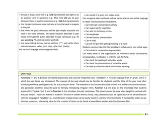• the use of do as a main verb (e.g. I did my homework last night) or as    • Can wonder if a given text makes sense.
  an auxiliary verb in questions (e.g. What time did you do your           Can recognize when confused and use verbal and/or non-verbal language
  homework?) and in negative statements (e.g. I didn’t do my homework)     to repair communication breakdowns.
• that the past continuous tense indicates actions that were in progress    •   Can interrupt a conversation politely.
  in the past                                                               •   Can repeat/ask for repetition.
• that when the past continuous and the past simple structures are          •   Can refer to dictionary entries.
  used in the same sentence, the action/situation described in past         •   Can paraphrase.
  simple interrupts the action described in past continuous (e.g. He        •   Can self-correct pronunciation.
  was watching TV when his mother arrived)                                  •   Can re-read.
• that some linking devices indicate addition (“,”, and) while others       •   Can ask for/give the spelling/meaning of a word.
  indicate sequence (when, first, then, after that, finally)               Students can give/take the floor sensibly in verbal and/or non-verbal ways.
and use such language features appropriately.                               • Can initiate a conversation appropriately.
                                                                           Can make sense of the organization of reference books (dictionaries,
                                                                           encyclopedias, textbooks) in order to look for help.
                                                                            • Can check the spelling of unfamiliar words.
                                                                            • Can check the pronunciation of unfamiliar words.
                                                                            • Can look up unfamiliar words to find their meaning.


  UNIT FOCUS
  Functions 1.1 and 1.2 should be treated sequentially and could be integrated later. Function 1.1 recycles language from 2nd grade, Unit 5 in
  which the past tense was introduced. The concept of the past should now be familiar for students, and the time of the year (just after
  holidays) provides a good opportunity for practicing this tense. The emphasis of this function should be on both oral and written communication,
  and particular attention should be paid to formally introducing irregular verbs. Function 1.2 will draw on the knowledge that students
  acquired in 2nd grade, Unit 5, and in Function 1.1 to introduce the past continuous. This tense is easier to grasp when taught in contrast with
  the past simple. Important events in students’ life and/or sudden events (funny, risky, pleasant) could be a good source for personalization
  with the language of Function 1.2. A combination of past tenses can be easily found in a variety of written texts. If the teacher wishes to use
  Internet resources, interesting ideas for the creation of texts can be found at www.bham.wednet.edu/bio/biomaker.htm.




                                                                                                                                                  91
 