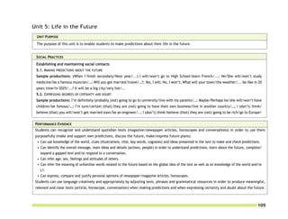 Unit 5: Life in the Future
 UNIT PURPOSE
 The purpose of this unit is to enable students to make predictions about their life in the future.


 SOCIAL PRACTICES
 Establishing and maintaining social contacts
 5.1. MAKING PREDICTIONS ABOUT THE FUTURE
 Sample productions: (When I finish secondary/Next year/...) I will/won’t go to High School/learn French/...; He/She will/won’t study
 medicine/be a famous musician/…; Will you get married/travel/…?; Yes, I will; No, I won’t; What will your town/the weather/... be like in 20
 years time/in 2025/...? It will be a big city/very hot/...
 5.2. EXPRESSING DEGREES OF CERTAINTY AND DOUBT
 Sample productions: I’m definitely/probably (not) going to go to university/live with my parents/…; Maybe/Perhaps he/she will/won’t have
 children/be famous/…; I’m sure/certain (that) they are (not) going to have their own business/live in another country/…; I (don’t) think/
 believe (that) you will/won’t get married soon/be an engineer/..; I (don’t) think/believe (that) they are (not) going to be rich/go to Europe/


 PERFORMANCE EVIDENCE
 Students can recognize and understand quotidian texts (magazine/newspaper articles, horoscopes and conversations) in order to use them
 purposefully (make and support own predictions, discuss the future, make/express future plans).
  • Can use knowledge of the world, clues (illustrations, title, key words, cognates) and ideas presented in the text to make and check predictions.
  • Can identify the overall message, main ideas and details (actions, people) in order to understand predictions, learn about the future, complete/
    expand a gapped text and/or respond to a conversation.
  • Can infer age, sex, feelings and attitudes of others.
  • Can infer the meaning of unfamiliar words related to the future based on the global idea of the text as well as on knowledge of the world and/or
    L1.
  • Can express, compare and justify personal opinions of newspaper/magazine articles, horoscopes.
 Students can use language creatively and appropriately by adjusting lexis, phrases and grammatical resources in order to produce meaningful,
 relevant and clear texts (article, horoscope, conversation) when making predictions and when expressing certainty and doubt about the future.



                                                                                                                                                 105
 