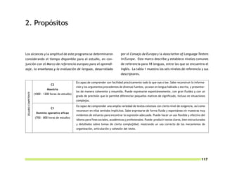2. Propósitos



Los alcances y la amplitud de este programa se determinaron                                por el Consejo de Europa y la Association of Language Testers
considerando el tiempo disponible para el estudio, en con-                                 in Europe. Este marco describe y establece niveles comunes
junción con el Marco de referencia europeo para el aprendi-                                de referencia para 18 lenguas, entre las que se encuentra el
zaje, la enseñanza y la evaluación de lenguas, desarrollado                                inglés. La tabla 1 muestra los seis niveles de referencia y sus
                                                                                           descriptores.

                                                       Es capaz de comprender con facilidad prácticamente todo lo que oye o lee. Sabe reconstruir la informa-
                                   C2
                                                       ción y los argumentos procedentes de diversas fuentes, ya sean en lengua hablada o escrita, y presentar-
                                Maestría
                                                       los de manera coherente y resumida. Puede expresarse espontáneamente, con gran fluidez y con un
 USUARIO COMPETENTE




                      (1000 - 1200 horas de estudio)
                                                       grado de precisión que le permite diferenciar pequeños matices de significado, incluso en situaciones
                                                       complejas.
                                                       Es capaz de comprender una amplia variedad de textos extensos con cierto nivel de exigencia, así como
                                   C1
                                                       reconocer en ellos sentidos implícitos. Sabe expresarse de forma fluida y espontánea sin muestras muy
                        Dominio operativo eficaz
                                                       evidentes de esfuerzo para encontrar la expresión adecuada. Puede hacer un uso flexible y efectivo del
                       (700 - 800 horas de estudio)
                                                       idioma para fines sociales, académicos y profesionales. Puede producir textos claros, bien estructurados
                                                       y detallados sobre temas de cierta complejidad, mostrando un uso correcto de los mecanismos de
                                                       organización, articulación y cohesión del texto.




                                                                                                                                                           117
 
