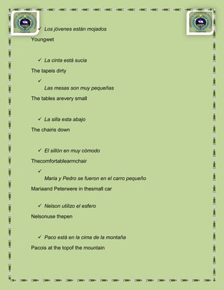  Los jóvenes están mojados

Youngwet



    La cinta está sucia

The tapeis dirty

   
       Las mesas son muy pequeñas

The tables arevery small



    La silla esta abajo

The chairis down



    El sillón en muy cómodo

Thecomfortablearmchair

   
       Maria y Pedro se fueron en el carro pequeño

Mariaand Peterwere in thesmall car


    Nelson utilizo el esfero

Nelsonuse thepen



    Paco está en la cima de la montaña

Pacois at the topof the mountain
 