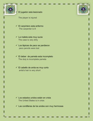  El jugador esta lesionado

  The player is injured



 El carpintero esta enfermo
  The carpenter is ill


 La maleta esta muy sucia
  The case is very dirty

 Los lápices de paco se perdieron
  paco pencils were lost


 El deber de pamela esta incompleto
  The duty is incomplete pamela



 El cabello de anita es muy corto
  anita's hair is very short




 Los estados unidos están en crisis
  The United States is in crisis

 Las cordilleras de los andes son muy hermosas
 