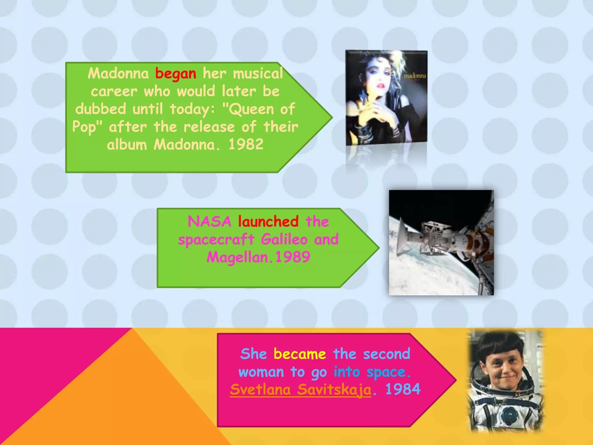 Madonna began her musical
  career who would later be
dubbed until today: "Queen of
Pop" after the release of their
     album Madonna. 1982




               NASA launched the
              spacecraft Galileo and
                  Magellan.1989




                      She became the second
                      woman to go into space.
                     Svetlana Savitskaja. 1984
 